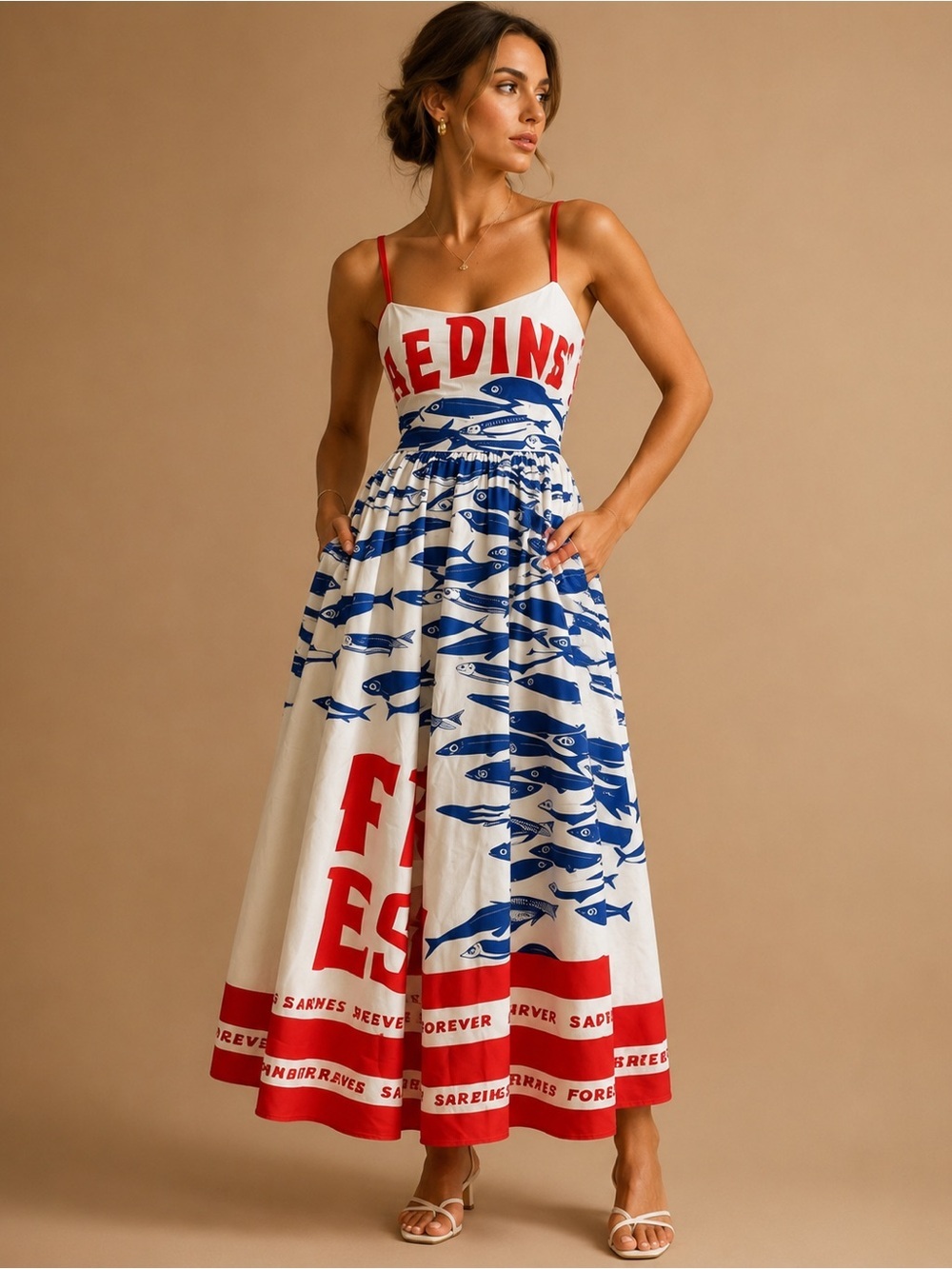 Sleeveless Red, Blue & White Printed Maxi Dress